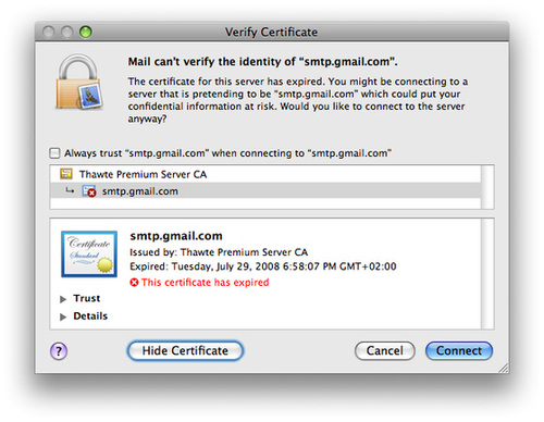 GMail: SSL certificate warning